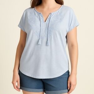 Lucky Brand Embroidered Tassel Peasant Top – Size M Feminine Delicate Blue